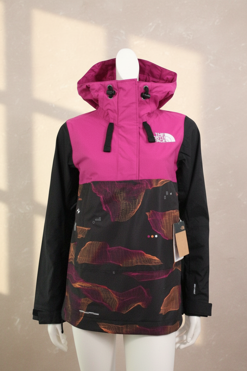 Veste de ski Frippindealz The North Face rose et noire avec motif graphique, capuche et étiquette neuve