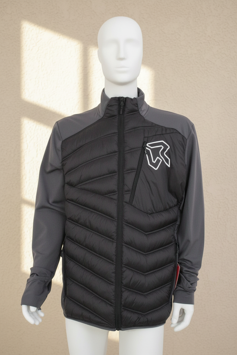 Veste hybride Frippindealz Rock Experience noire et grise avec matelassage et poches zippées sur mannequin