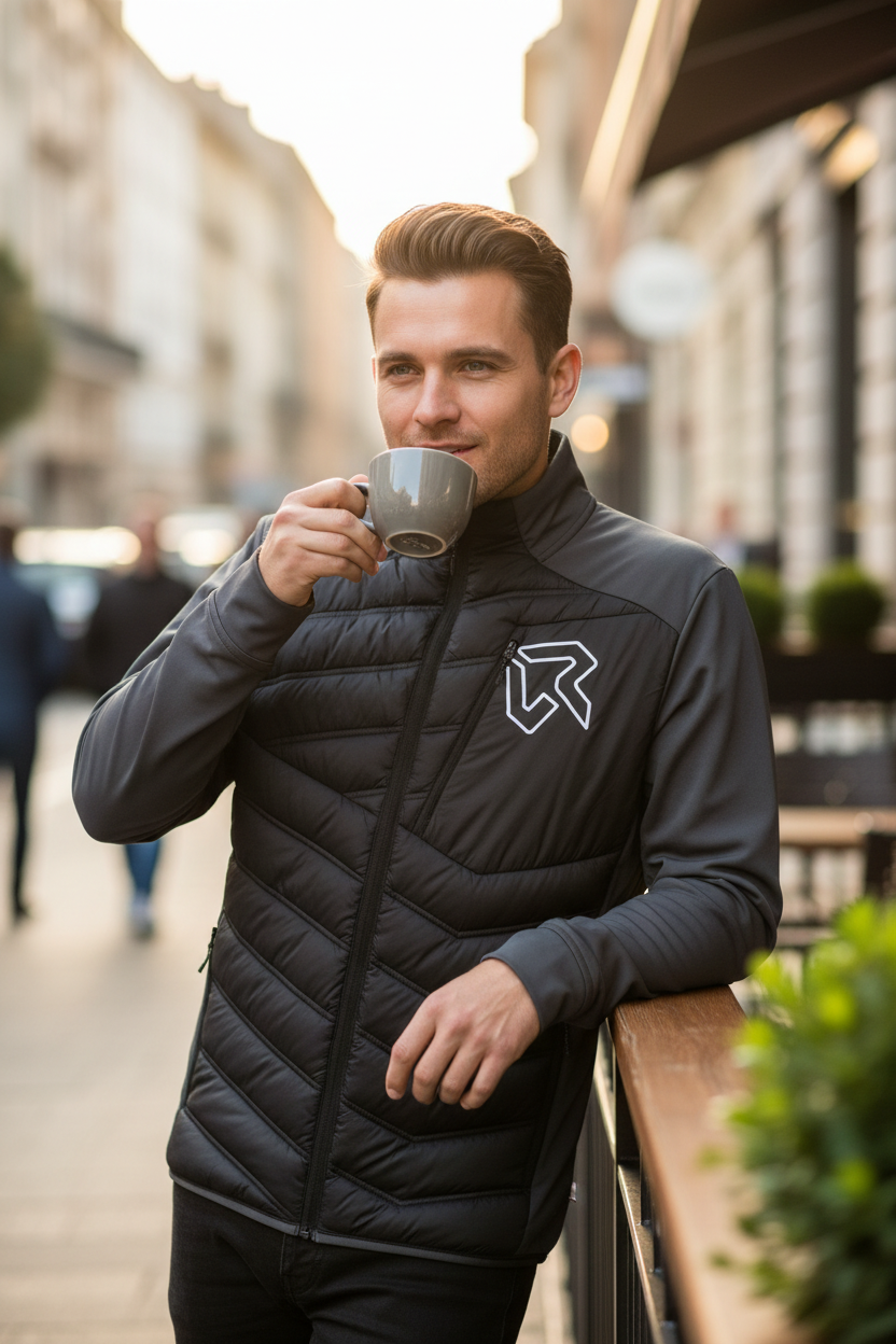 Homme portant une veste technique Frippindealz Rock Experience noire et grise avec poches zippées en extérieur
