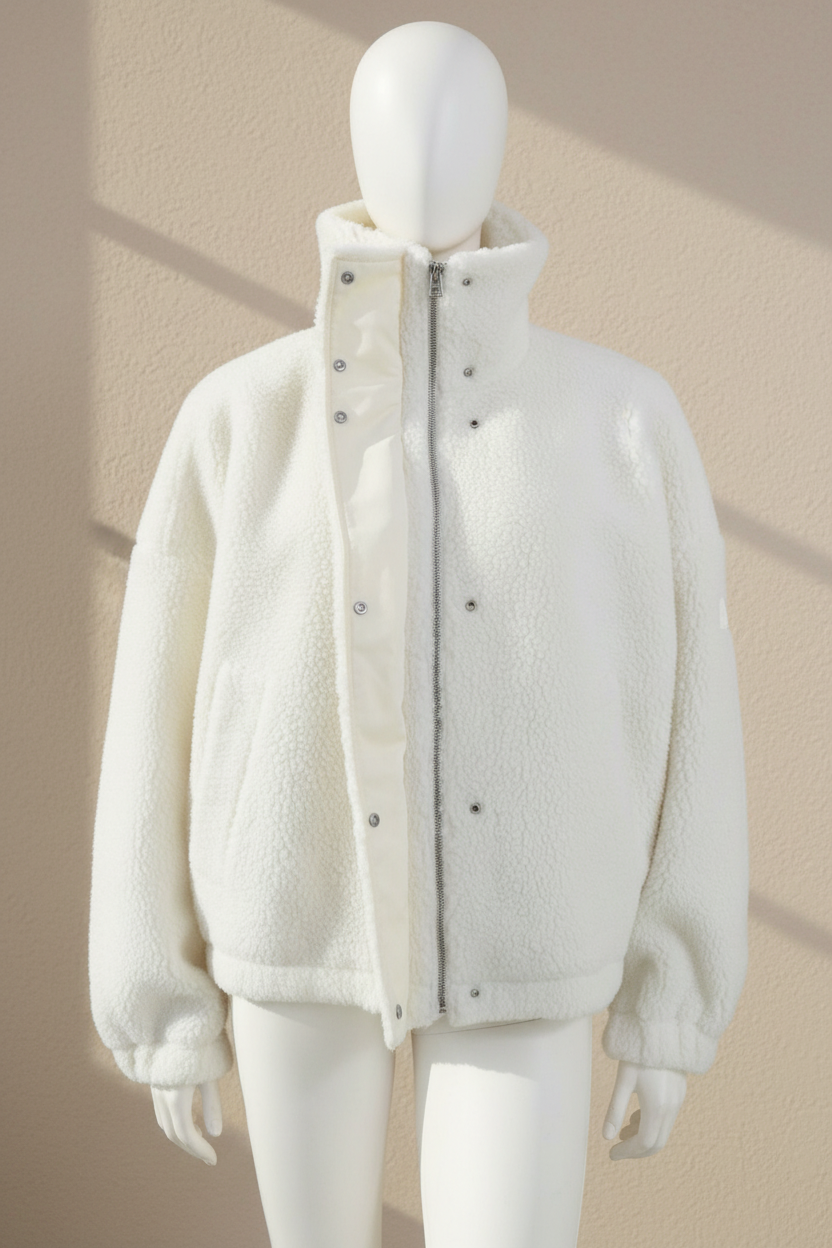 Veste teddy blanche en polyester Marc O Polo avec col montant, fermeture zippée et boutons-pression, style urbain