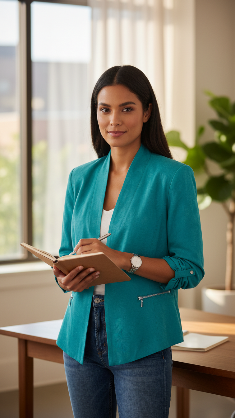 Femme portant une veste verte en viscose Frippindealz, style chic et moderne, tenant un carnet dans un bureau.