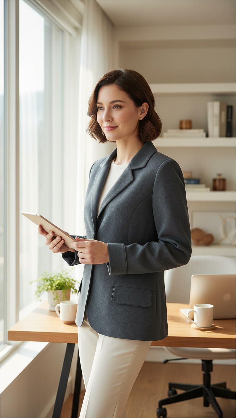 Femme portant une veste vintage Lewinger gris foncé en viscose et polyester dans un bureau lumineux