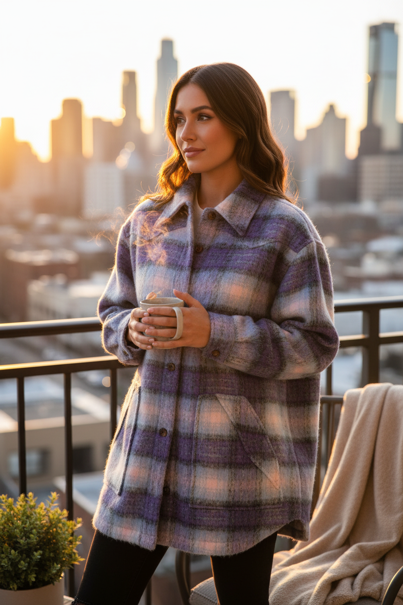 Femme portant une veste à carreaux Frippindealz Wrangler en mélange de laine violette sur un balcon urbain au coucher
