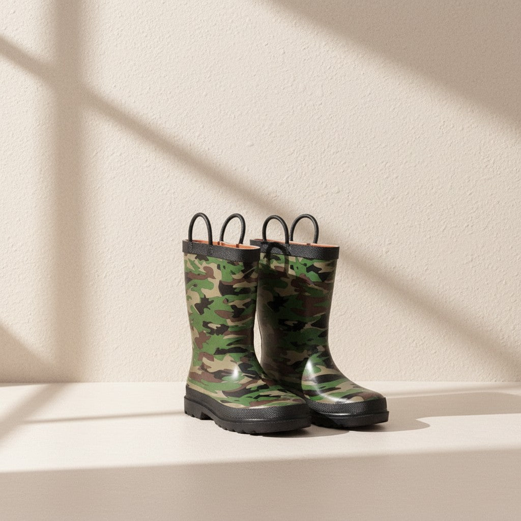 Bottes de pluie Frippindealz Western Chief en caoutchouc vert avec motif camouflage et poignées d'enfilage