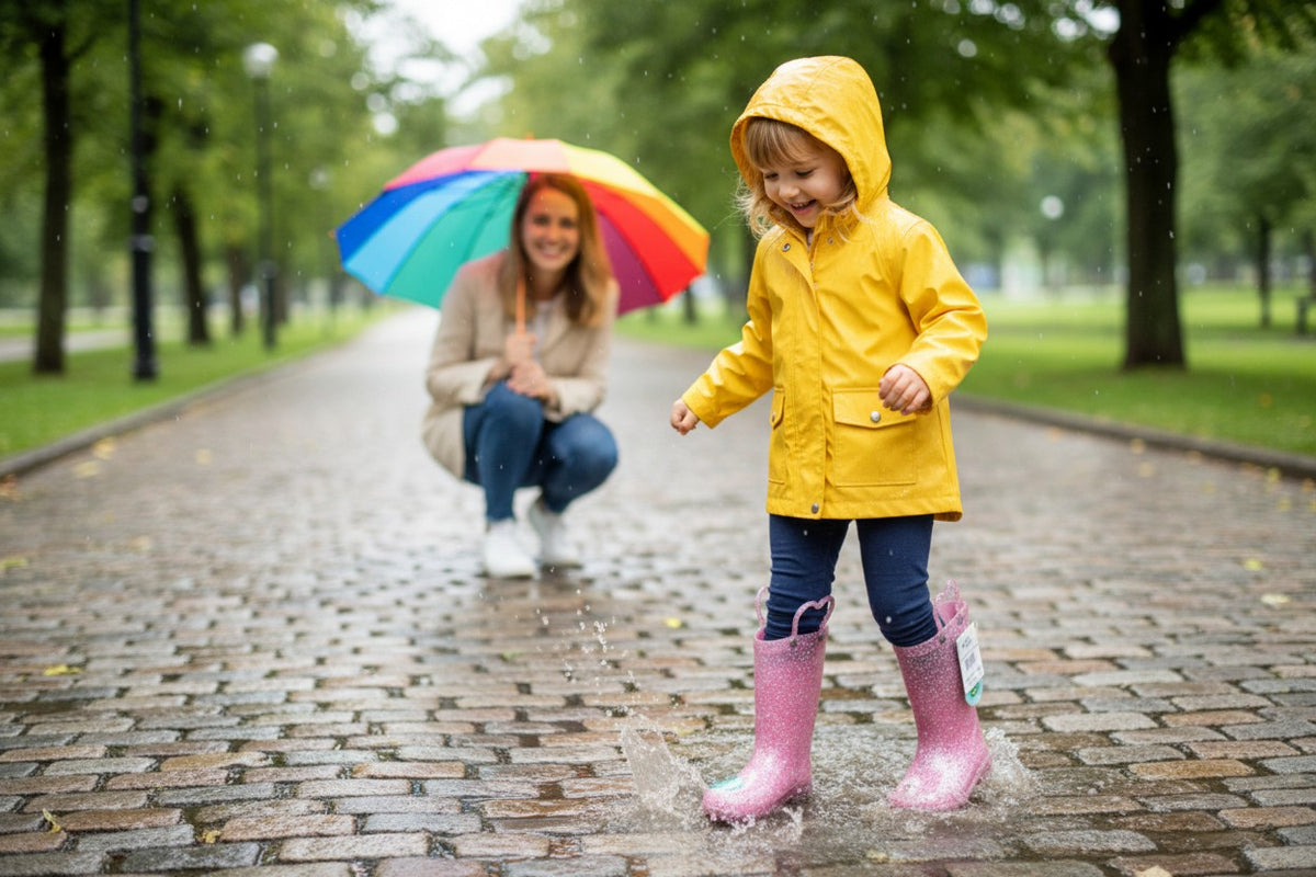 Bottes de pluie Frippindealz Western Chief fuchsia pailletées avec poignées cœur portées par une enfant sous la pluie