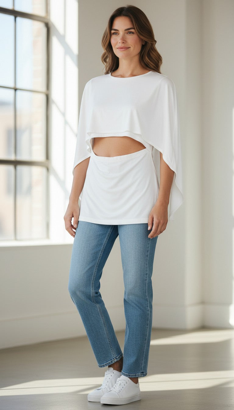 Frippindealz white polyamide elastane top with a unique cut-out detail and draped effect.