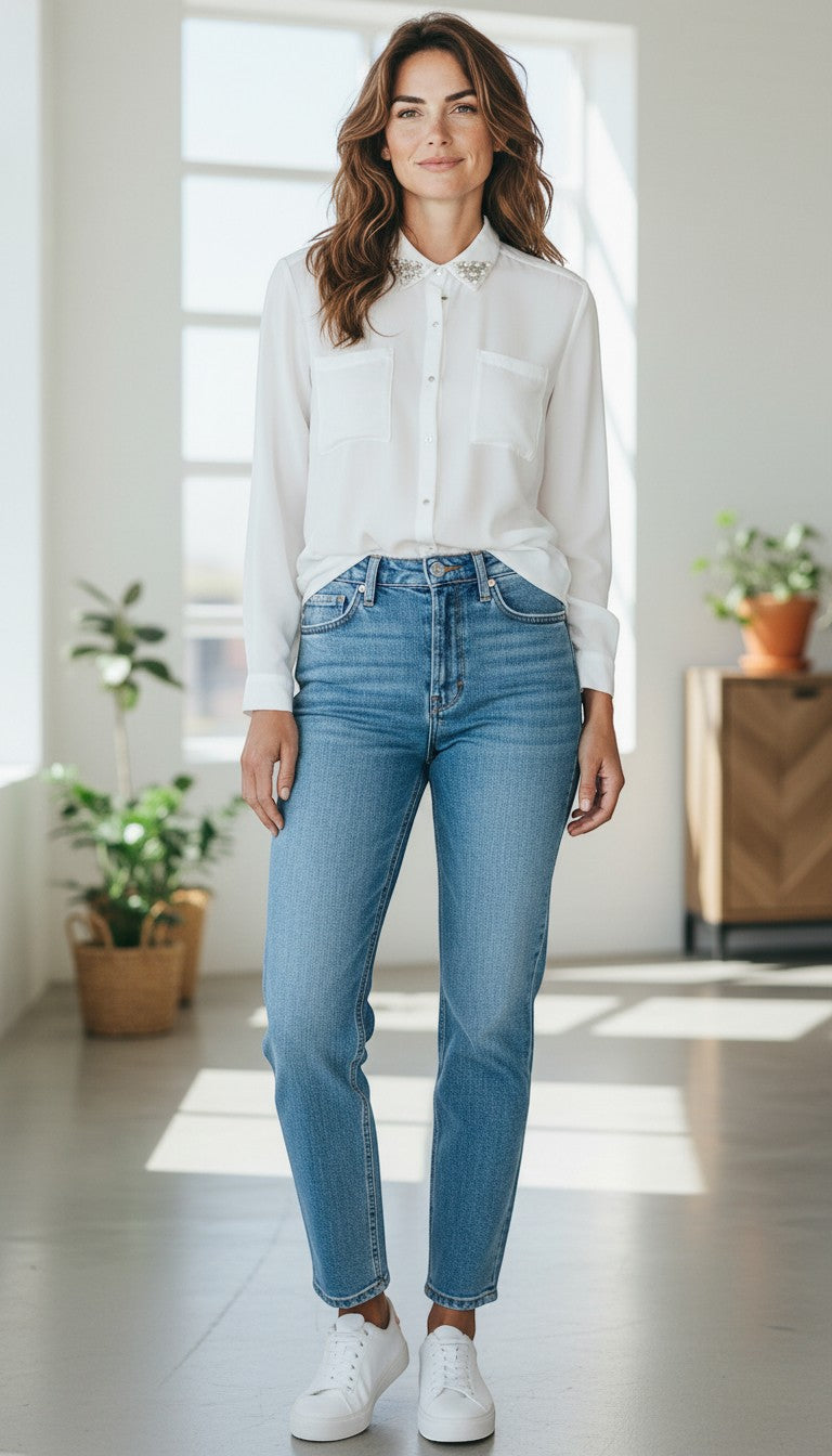 Frippindealz white viscose shirt with embellished collar and two chest pockets. Classic button-up style.