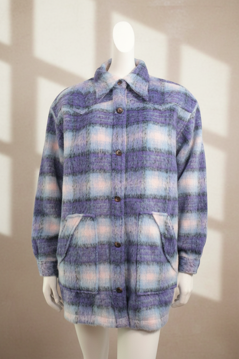 Veste chemise Frippindealz Wrangler à carreaux violets et blancs en mélange de laine, polyester et viscose