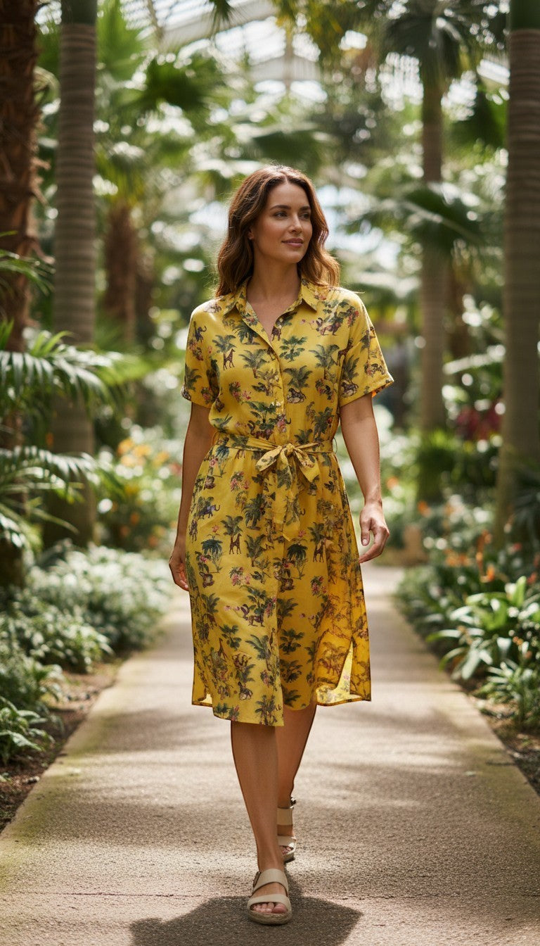 Frippindealz yellow polyester midi dress with a safari print, short sleeves, and a tie waist.
