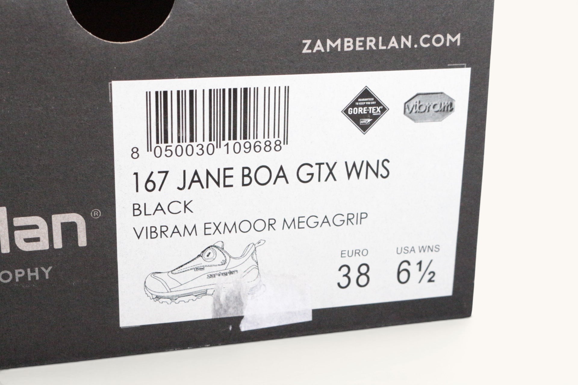Frippindealz : Chaussures de randonnée Zamberlan Jane Boa GTX WNS noires en cuir et polyester, neuves, taille 38 EUR.