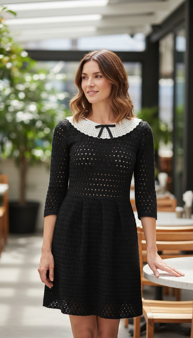 Frippindealz Zara black crochet knit dress with white collar and black bow detail, 3/4 sleeves.