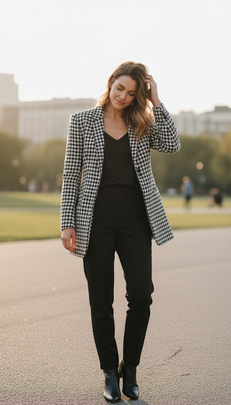 Frippindealz Zara black and white houndstooth print polyester cotton blend longline blazer jacket.