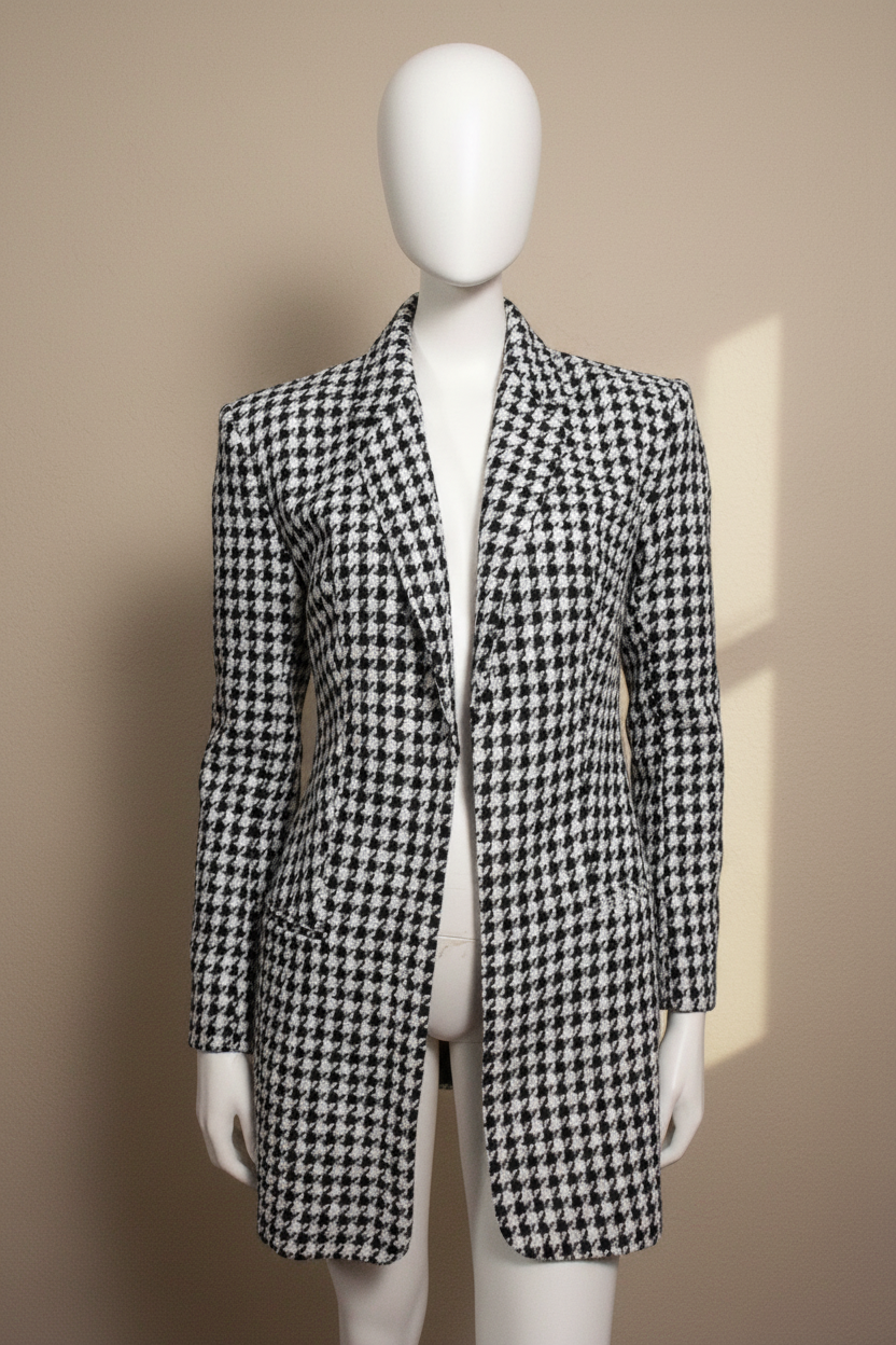Manteau Frippindealz Zara en polyester et coton avec motif pied de poule noir et blanc sur mannequin