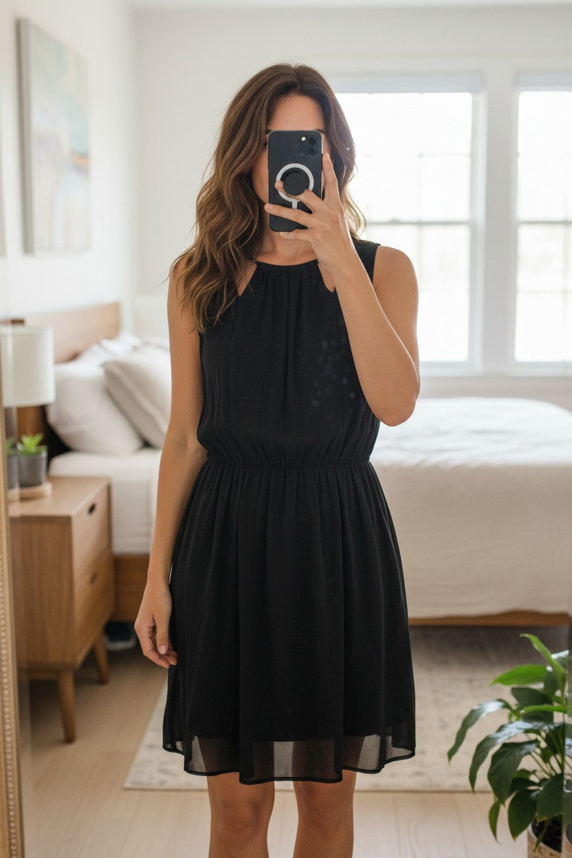 Robe noire Guess fluide en mousseline, taille S, avec détails bijoux aux épaules, idéale pour soirée ou cocktail.