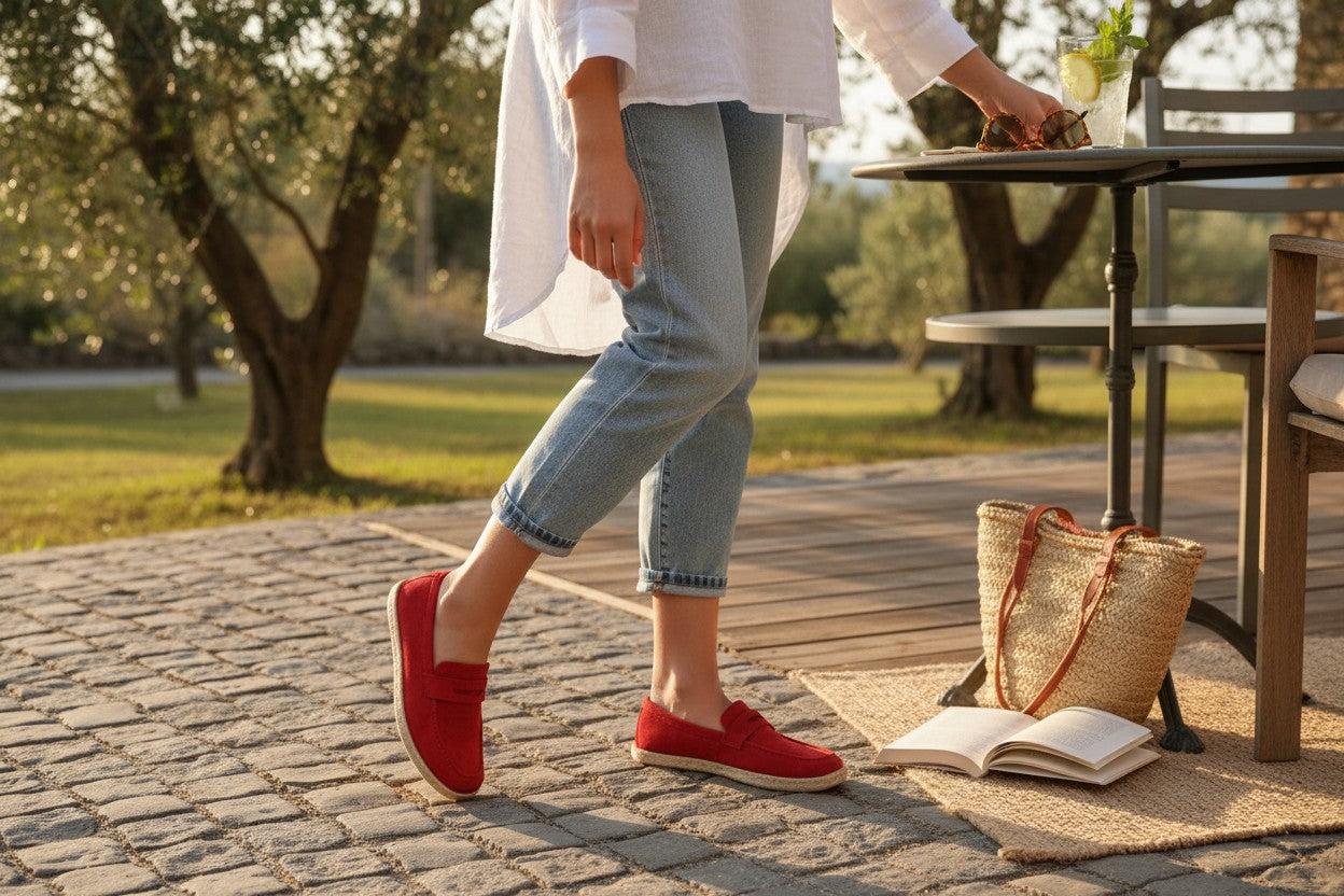 Kadiman Mocassins Homme Effet Daim Rouge & Bleu Ciel Semelle Corde Style Espadrille