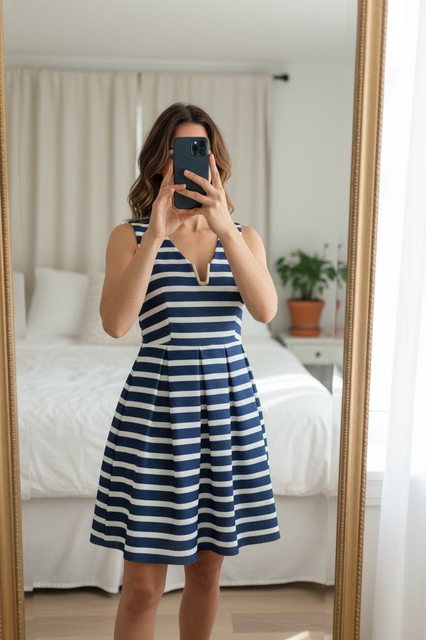 Robe Patineuse Rayée Marine Blanc Tailor & Elbaz Chic Taille M 3