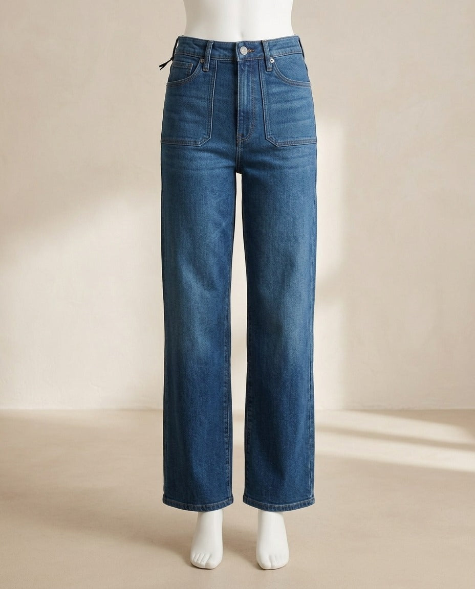 Jean G-Star Raw bleu coupe large taille haute avec poches plaquées, vue de face – Frippin'Dealz – photo retouchée par IA