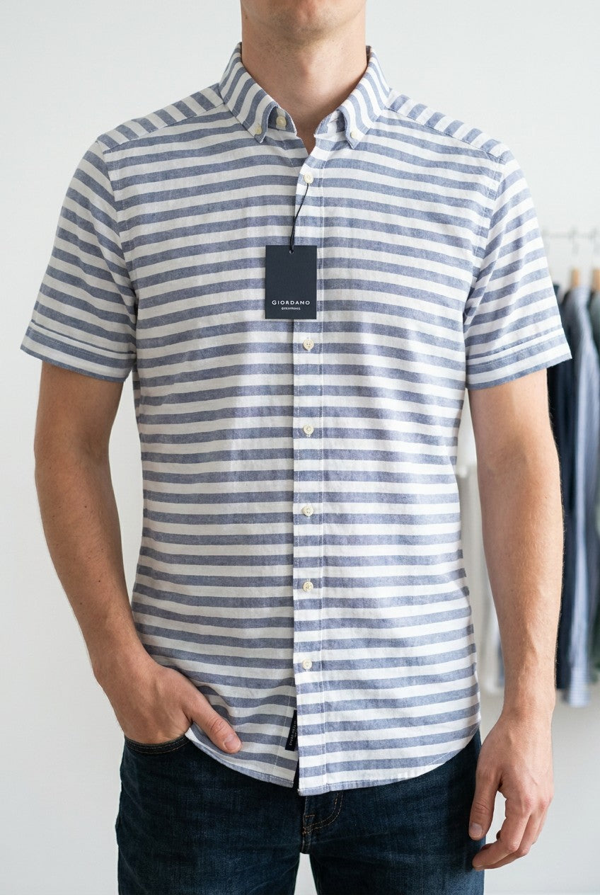 Chemise Giordano en coton rayée bleu blanc manches courtes L