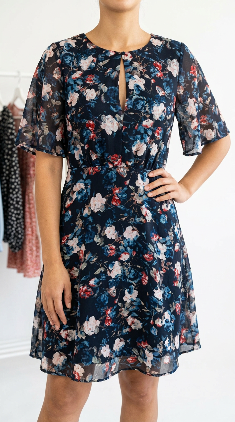 Robe fleurie bleu marine Cubus polyester 36 très bon état