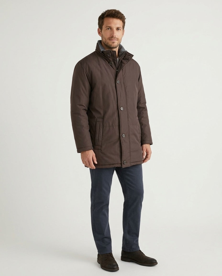 Laurent Cerrer Manteau homme matelassé marron col gris S porté – photo générée par IA