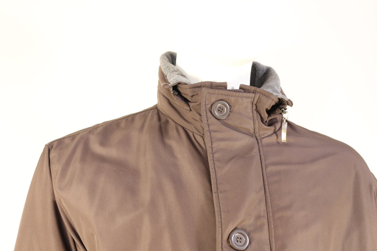 Col montant doublé gris et patte de boutonnage du manteau Laurent Cerrer marron – Frippin'Dealz