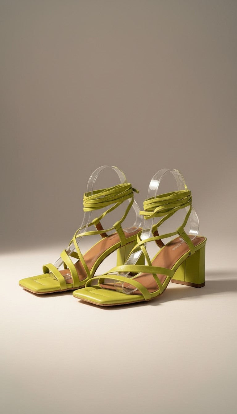 Minelli Spartiates en cuir vert pistache, neuves, avec brides fines et lacets cheville, talon carré 8 cm.