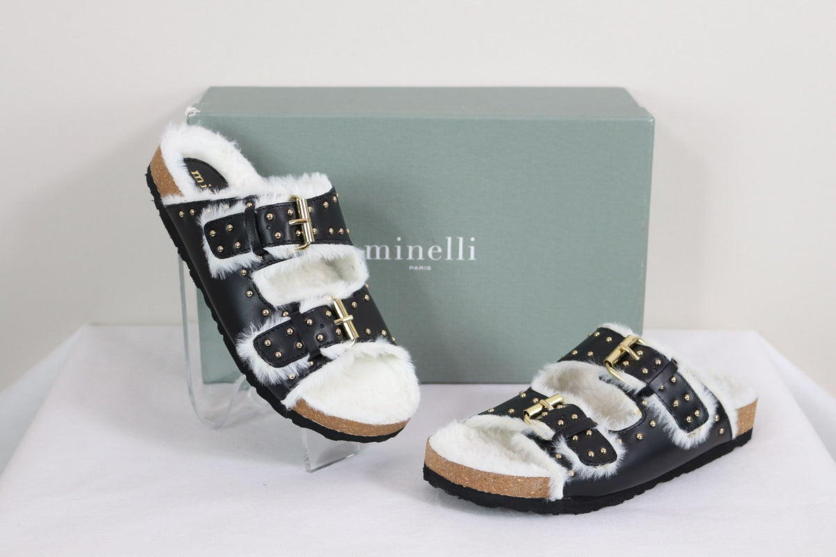 Mules Minelli Irene noires à clous dorés et doublure effet fourrure avec leur boîte – Frippin'Dealz