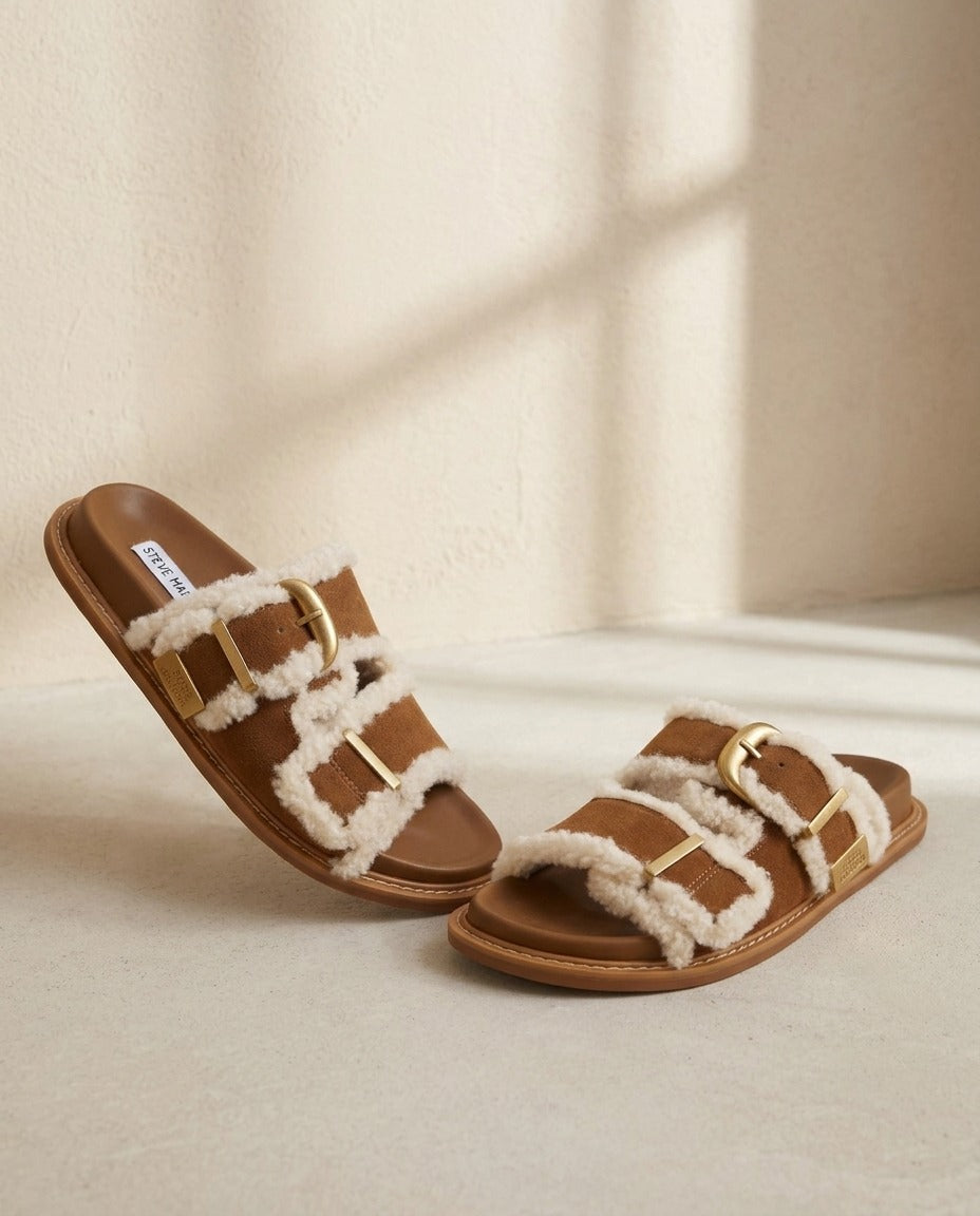 Mules Steve Madden marron en daim avec bordures effet peau lainée et boucles dorées, présentées devant leur boîte – Frippin'Dealz – photo retouchée par IA