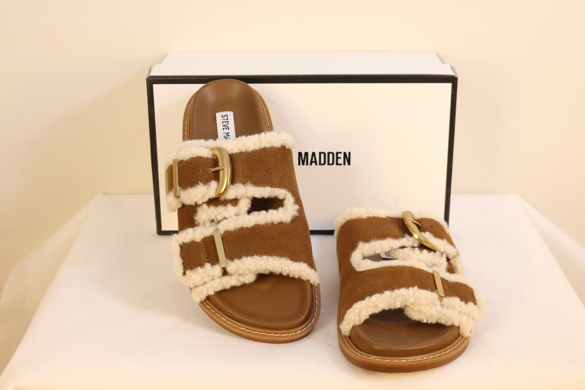 Paire de mules Steve Madden marron à double bride et boucles dorées, vue de face – Frippin'Dealz