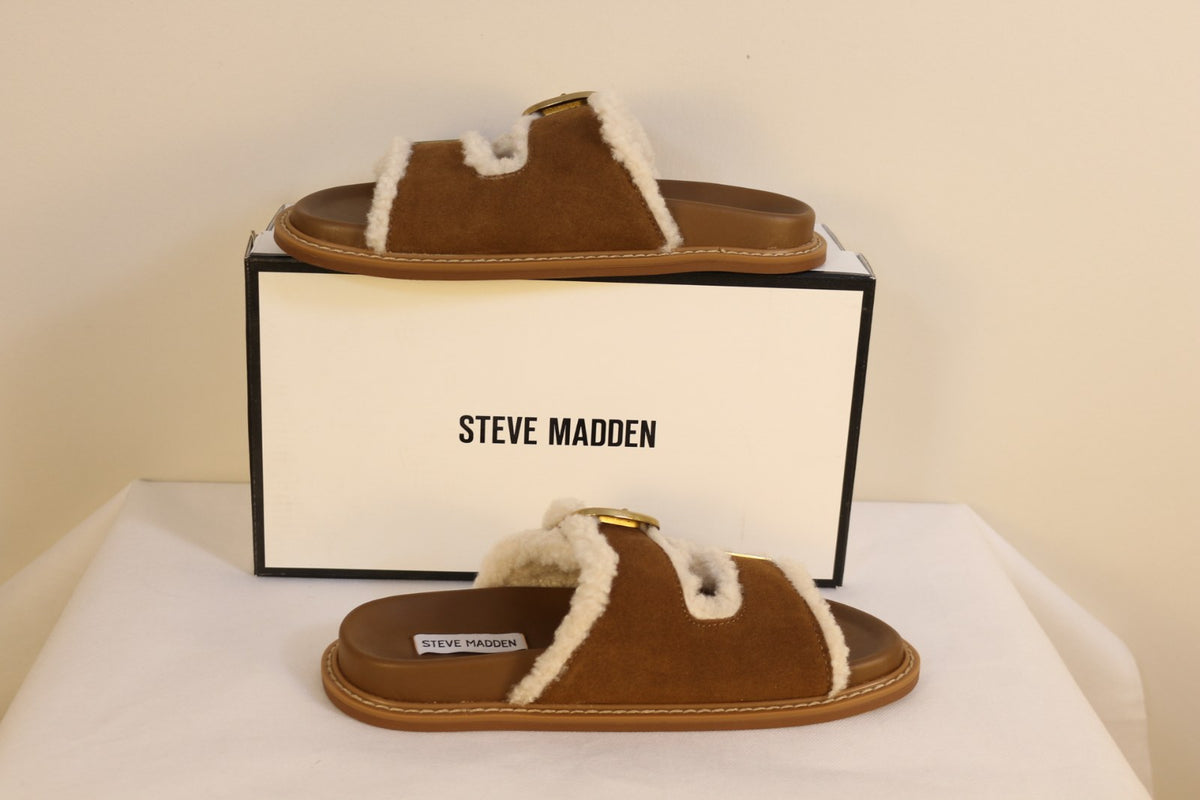 Mules Steve Madden marron vues de profil avec bordures effet peau lainée – Frippin'Dealz