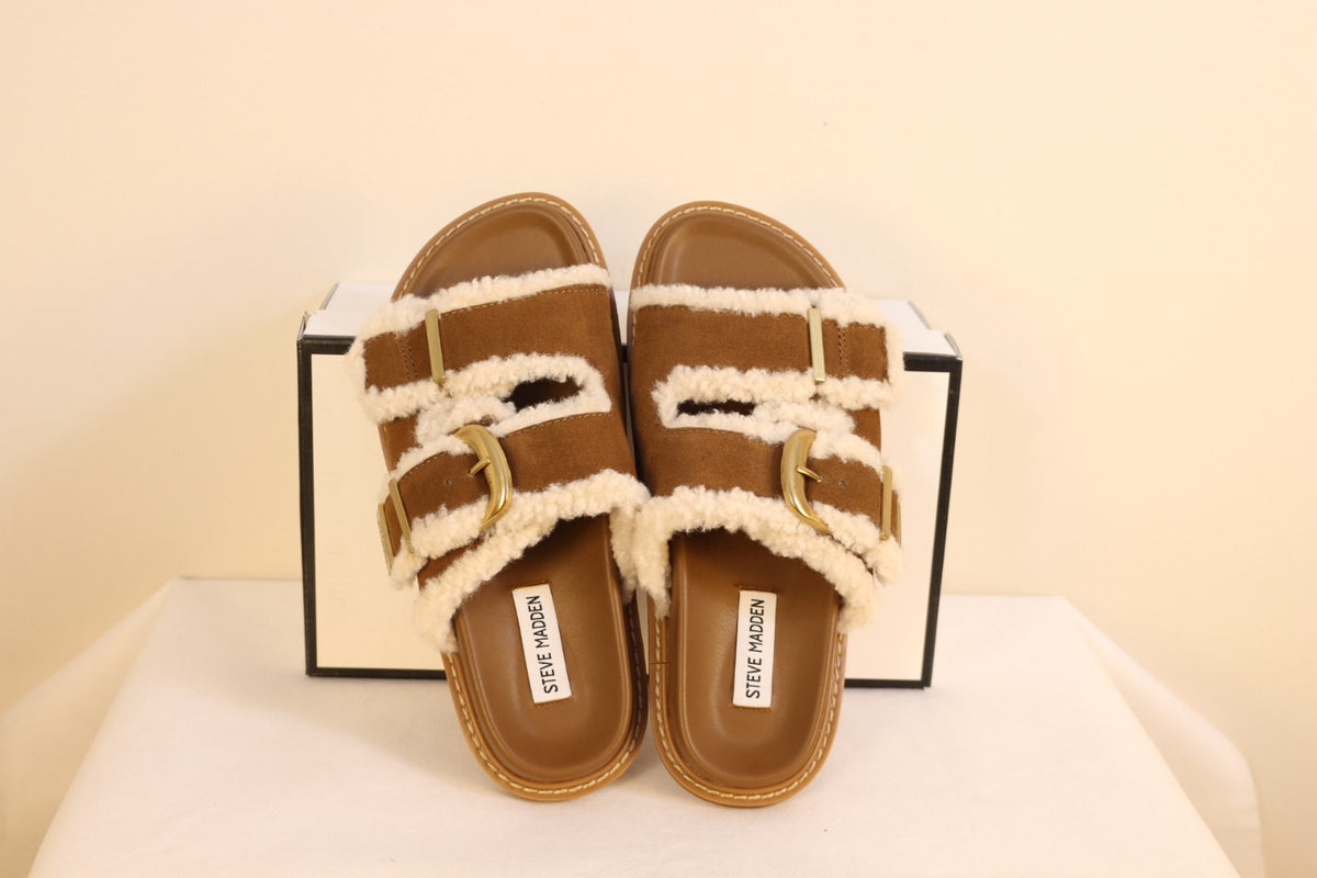 Mules Steve Madden marron vues de dessus avec semelle intérieure siglée – Frippin'Dealz