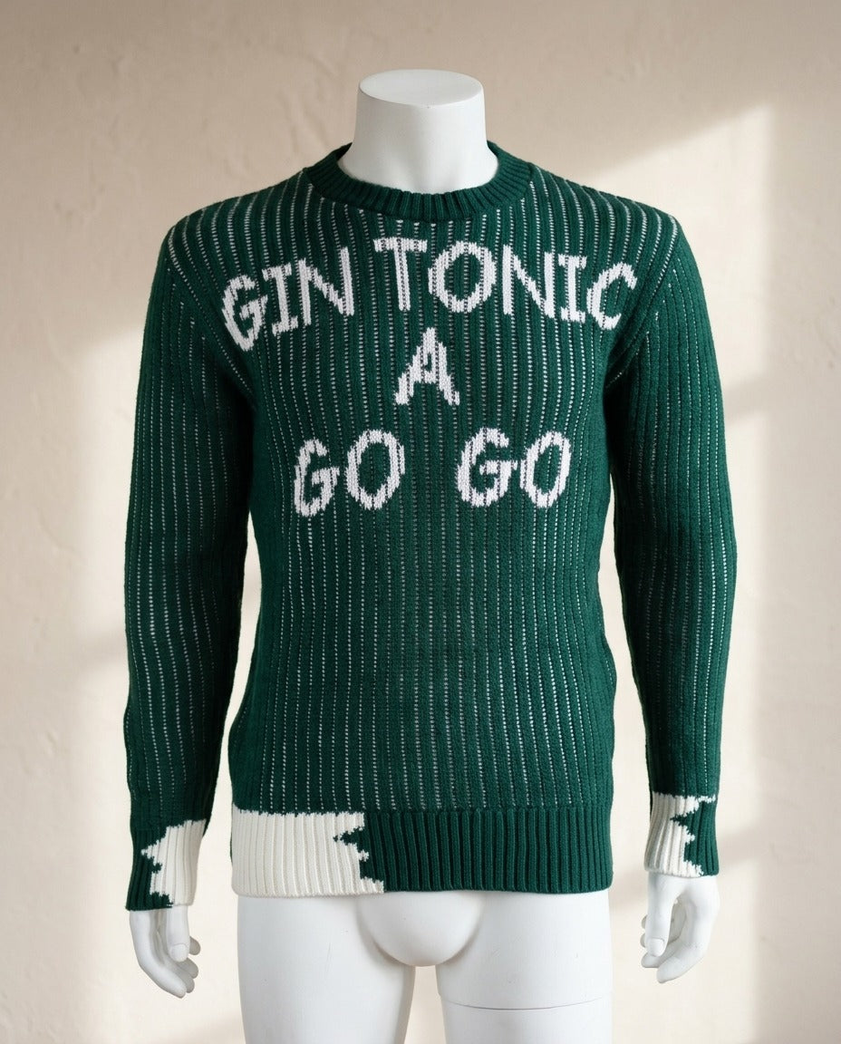Pull Millions Man vert avec message Gin Tonic A Go Go en blanc, porté sur mannequin – Frippin'Dealz – photo retouchée par IA