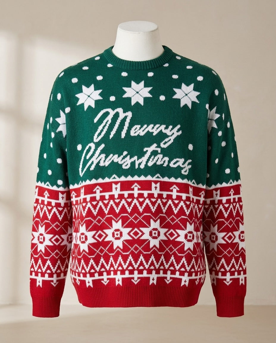 Pull de Noël jacquard Merry Christmas mixte – photo 1 – Frippin'Dealz – photo retouchée par IA
