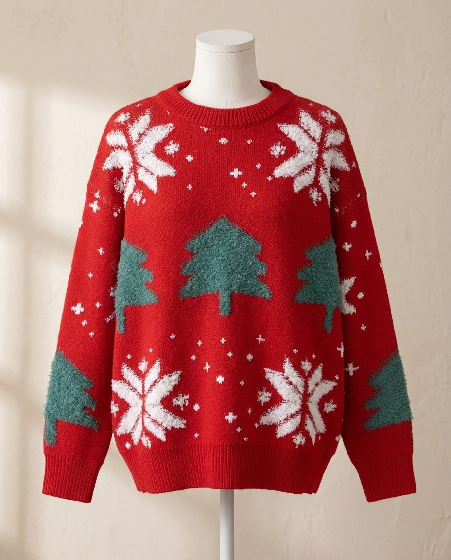 Pull de Noël jacquard sapins et flocons – photo 1 – Frippin'Dealz – photo retouchée par IA