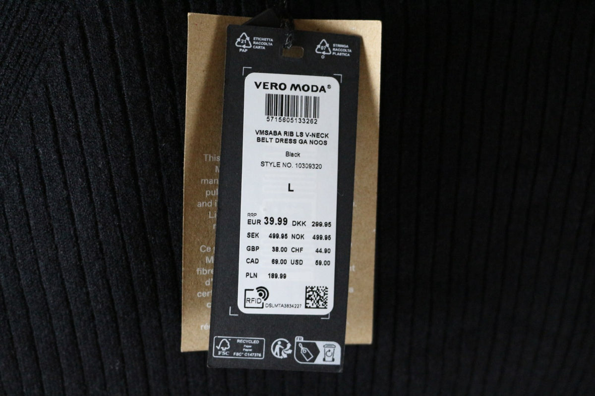 Étiquette neuve Vero Moda de la robe noire, taille L, code-barres et prix – Frippin'Dealz