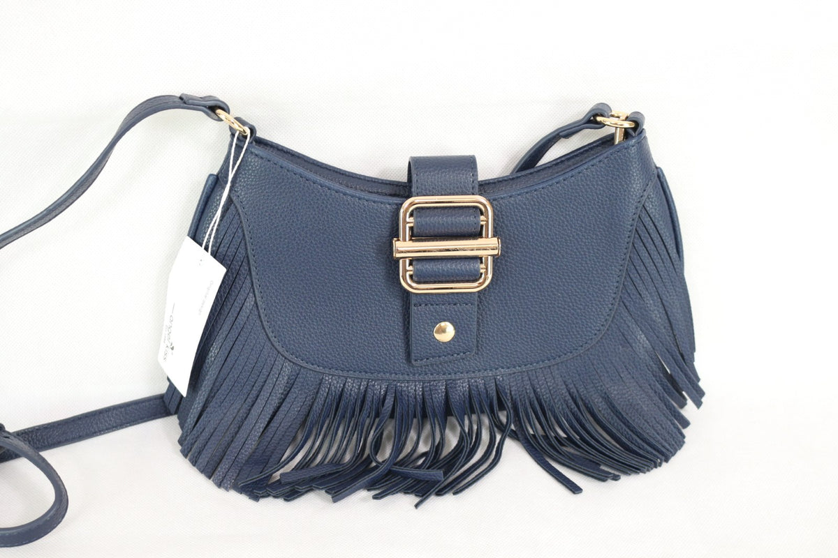 Face avant du sac Angel Kiss bleu marine avec franges et boucle dorée – Frippin'Dealz