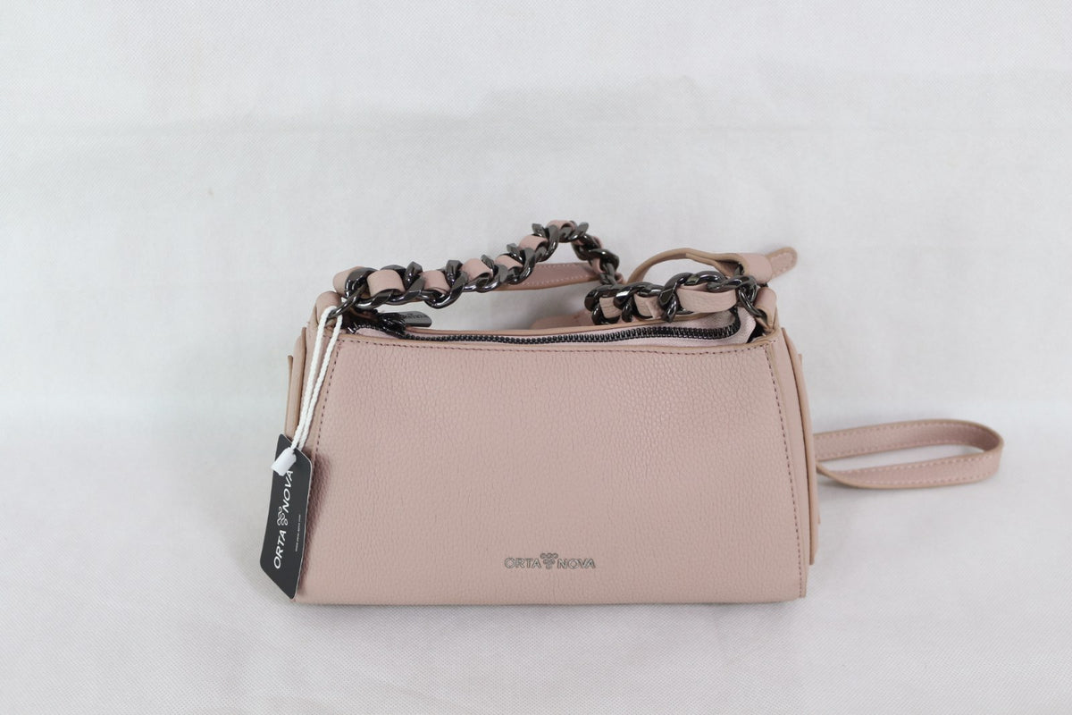 Sac Orta Nova rose poudré vue de face avec anse chaîne et bandoulière – Frippin'Dealz