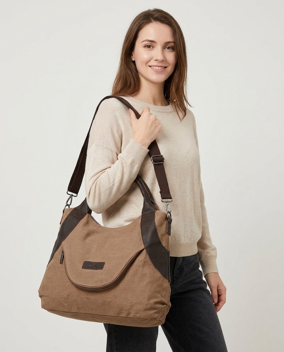 Sac à main bandoulière en toile rétro minimaliste 3 couleurs porté – photo générée par IA