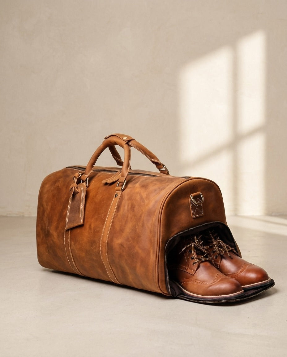 Sac de voyage cuir de vachette vintage – photo 1 – Frippin'Dealz – photo retouchée par IA