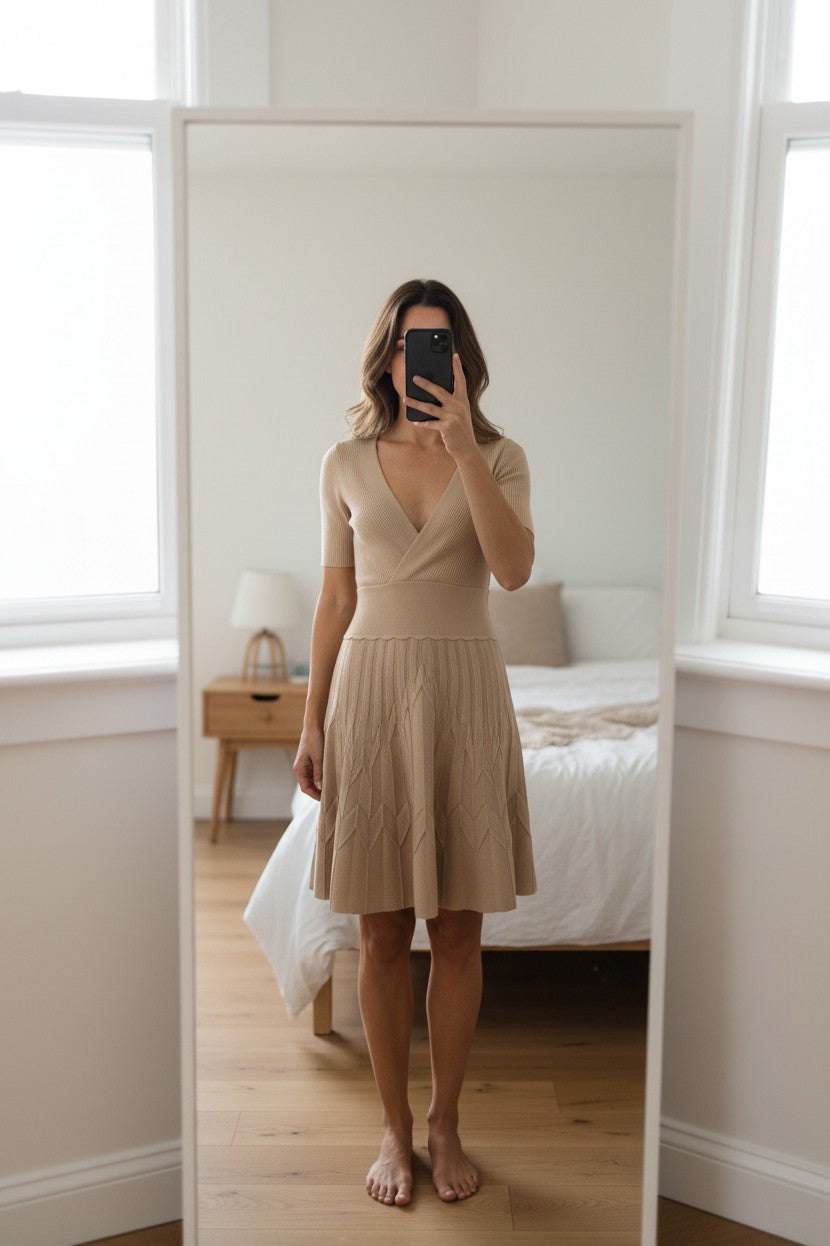 Robe Sandro en maille beige à manches courtes, col cache-cœur et jupe évasée, taille S.