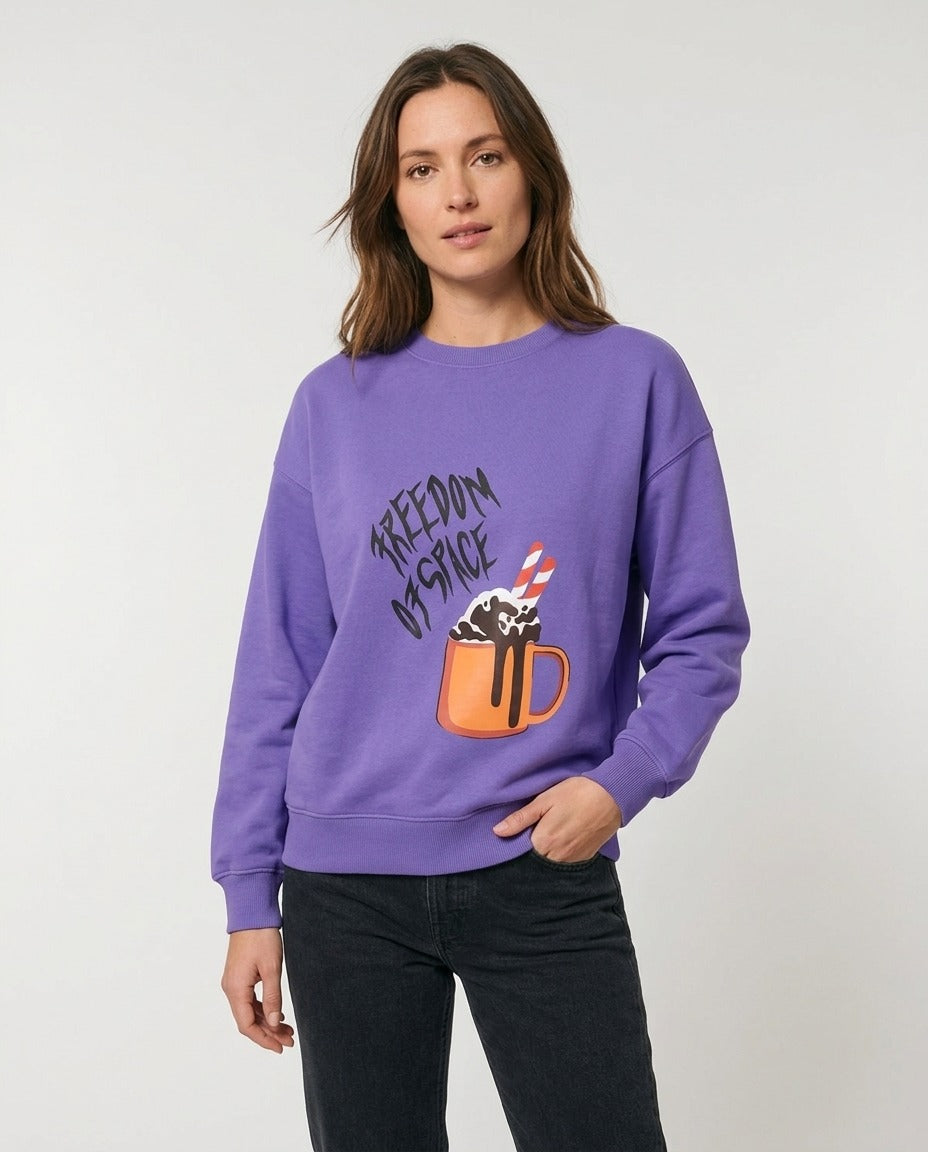 Freedom of Space Sweat oversize violet imprimé mug XS porté – photo générée par IA