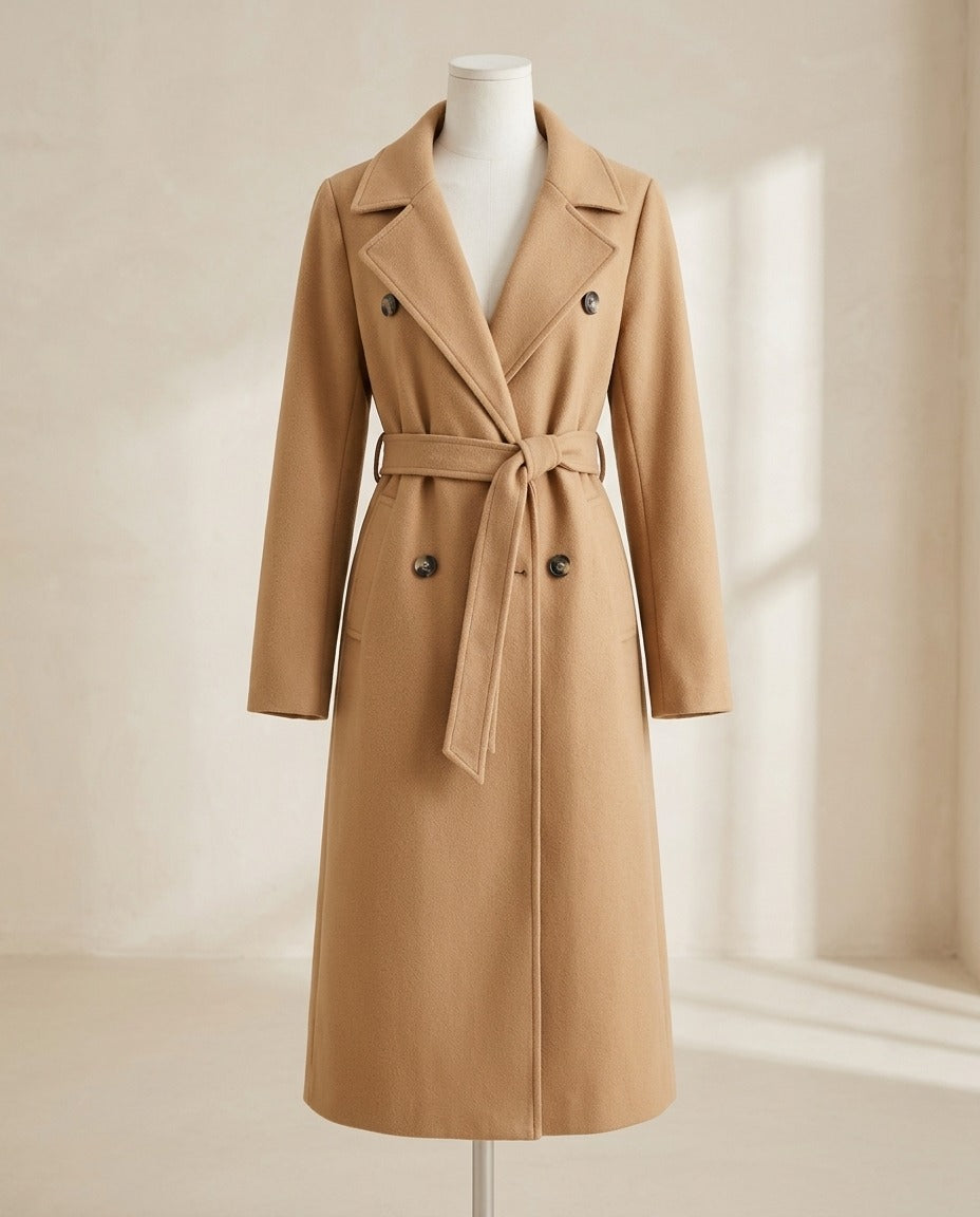 Trench long croisé ceinturé – photo 1 – Frippin'Dealz – photo retouchée par IA