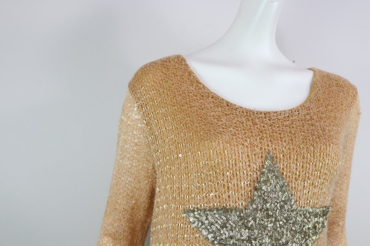 Tunique camel en maille ajourée avec étoile en sequins sur le devant et encolure ronde – Frippin'Dealz