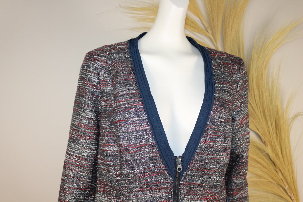 Col V bordé de marine et zip central de la veste edc tweed marine et rouge – Frippin'Dealz
