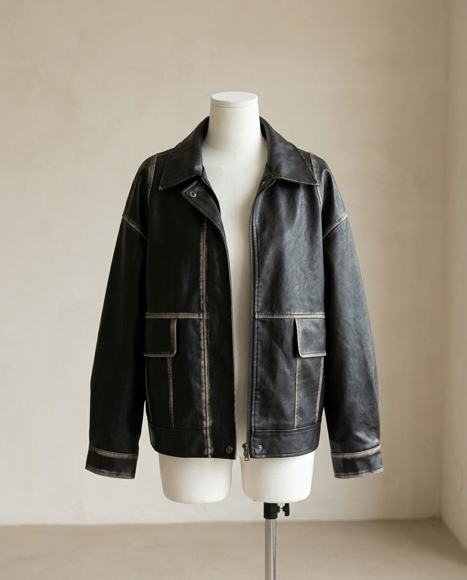 Veste oversize en simili cuir noir vieilli – photo 1 – Frippin'Dealz – photo retouchée par IA