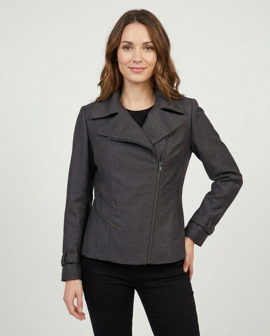Yera Veste motard en laine grise anthracite zip asymétrique 42 porté – photo générée par IA